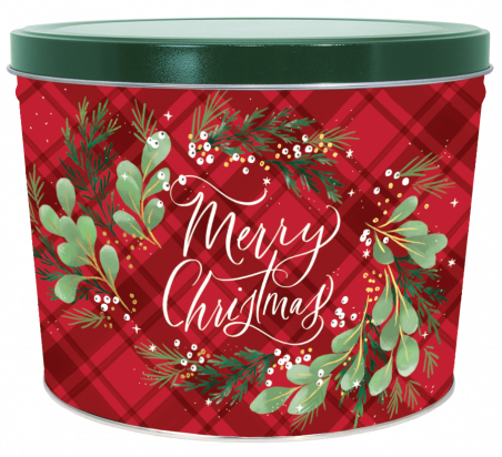 Merry Christmas plaid 2 gallon popcorn tin